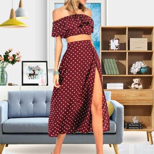Womens Sexy Dots Dress Suit Two Piece Set Fashion Off The Shoulder Ruffle Wave Point Shirt Top Split Dress For Women