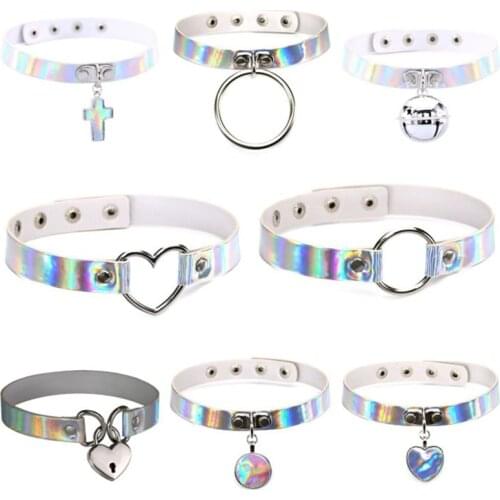 Goth Laser Light PU Leather Choker Necklace Women Punk Harajuku Heart Round Bell Cross Necklace Bondage Gothic Jewelry Sexy Gift