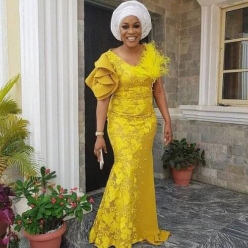 New Nigerian Formal Party Dress Gorgeous Women Gold Feathers Applique Elegant Evening Dresses Mermaid Beads vestido de festa