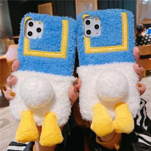Winter Warm Donald Duck Phone Case for iPhone 12 Pro 11 XS Max 7 8 6 Plus for Girl 2020 New Cartoon Plush Fur Phone Cover Couqe