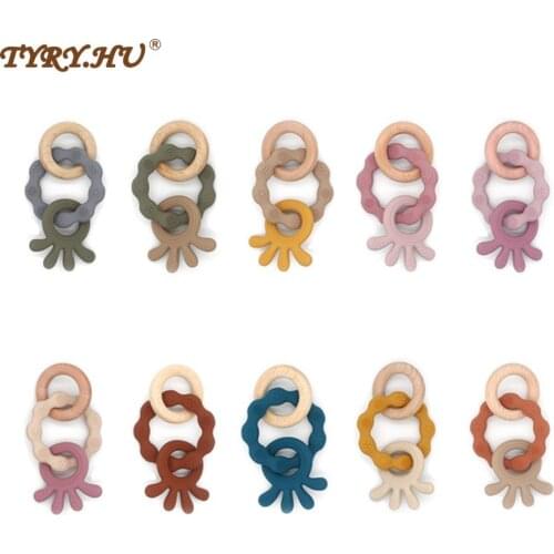TYRY.HU 1Pcs Baby Teether Silicone Toy Elephant Fox Animals Wooden Rings Teether Newborn Rattle Toys Oral Nursing For Baby Prod