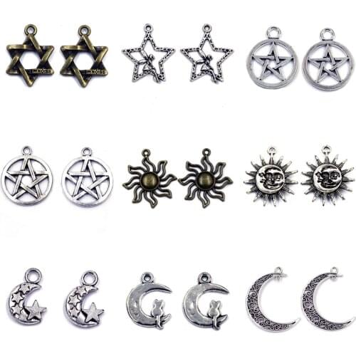 12 Style Pendants Silver Bronze Tone Sun Moon Stars Zinc Metal Alloy For Charm Jewelry DIY Accessories 10Pcs