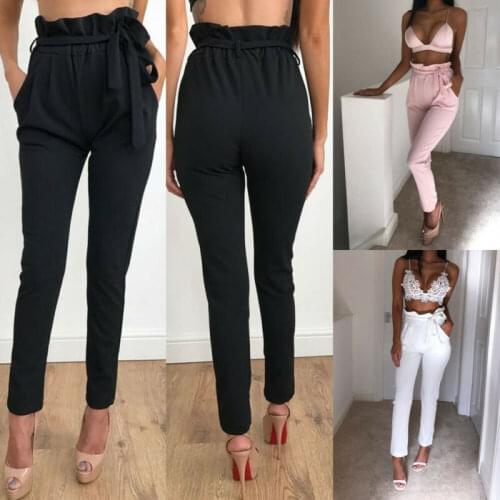 2020 Fashion Women Pants Ladies Chic High Paperbag Waist Slim Skinny Pants OL Loose Long Trousers Casual Bow Belt Pencil Pants