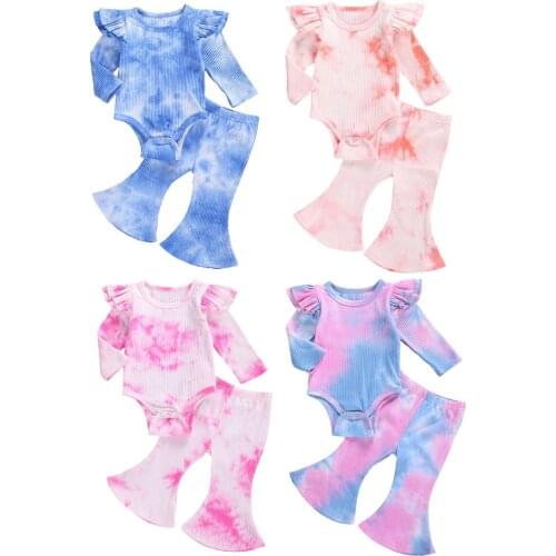 2021 Baby Spring Autumn Clothing 0-24M Infant Newborn Tie Dye Ribbed Clothes Set Long Sleeve Ruffled Tops Bodysuits Flare Pants