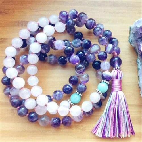 8mm Natural Amethyst 108 Beads Handmade Tassel Necklace Yoga Mala Spirituality Blessing Unisex Buddhism
