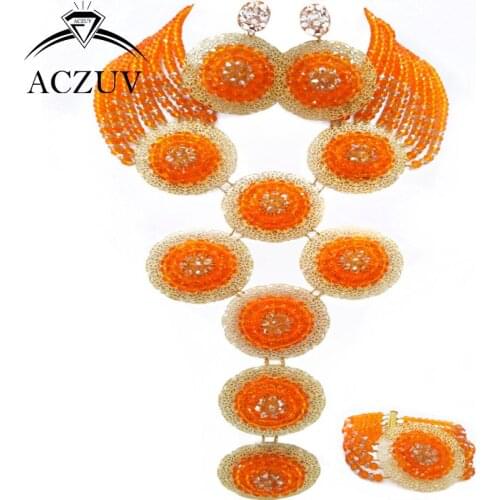 ACZUV Brand Orange and Gold AB Crystal Costume African Beads Jewelry Set for Nigerian Wedding A10R003