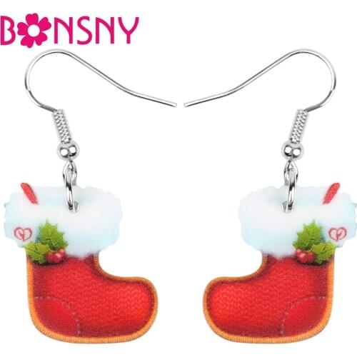 Bonsny Acrylic Christmas Sock Earrings Drop Dangle Festival Decoration Jewelry For Women Girls Teens Charms Party Gift Accessory