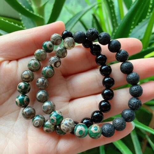 Retro Healing Energy Black Lava Stone Natural Tibetan Dzi Agates Bracelet Three-eyed Agat Beaded Round Ball Strand Bracelets