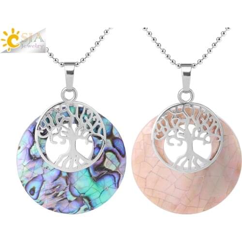 CSJA Natural Abalone Shell Necklaces Pendants Colorful Pink Yellow Seashell Round Beads Tree of Life Pendant Women Jewelry F868
