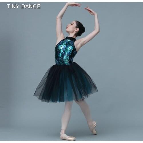 Halter Neck Design Adult Girls Ballet Dance Tutu Sequin Leotard Bodice with Black/Green Soft Tulle Romantic Tutu Dress 20169