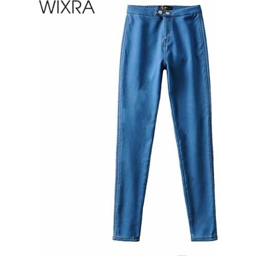 Wixra Womens Demin Pants Wide Leg High Waist Pencil Jeans Ladies Street Style Double Buttons Skinny Trousers Spring Autumn