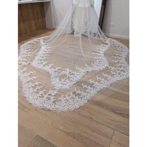 Scalloped cathedral veil, Royal Cathedral Length scalloped Wedding Veil, Two Layer Sequined Lace Veil, 3 meter Ivory Veil