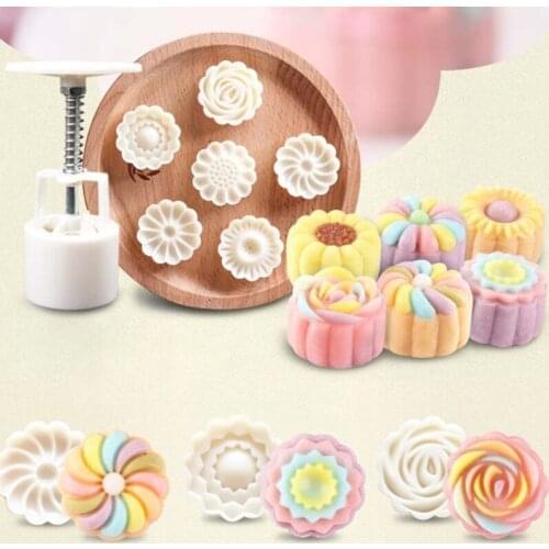 Moon Cake Mould Mold with 6Pcs Stamps Round Flower Pastry Mooncake Hand DIY Tool