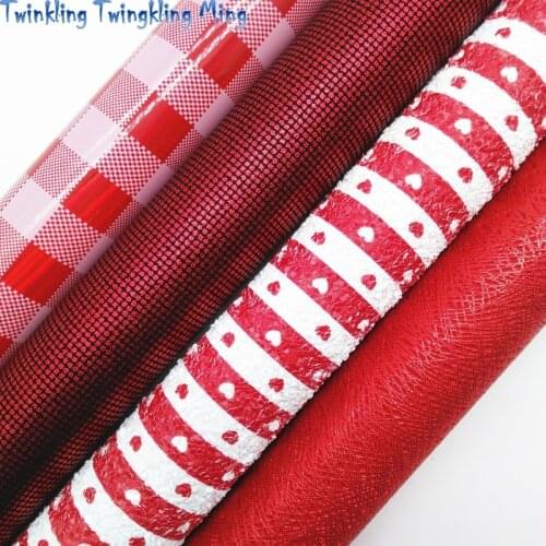 Red Hearts Printed Chunky Glitter Leather, Tartan Plaids Printed Faux Synthetic Leather For Bow 21x29CM Twinkling Ming KM445