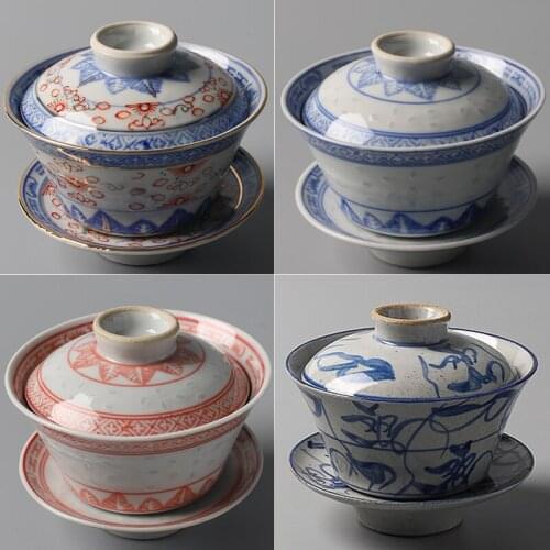 Jingdezhen top ten porcelain factory old tea set classic blue and white exquisite add color cover bowl