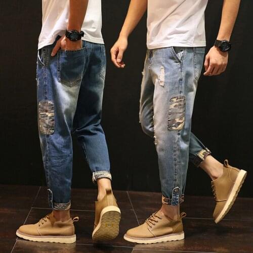 Fashion Brand Autumn Jeans Mens Korean Style Trendy Ankle Length Pants Ripped Harem Pants Loose Large Size Casual Cropped Thin