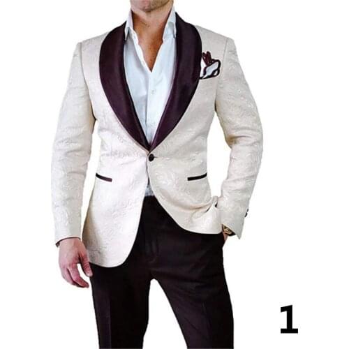 Butterfly Flower Men Suits Groom Tuxedos Shawl Satin Lapel Groomsmen Wedding Suits (White Jacket+Black Pants )