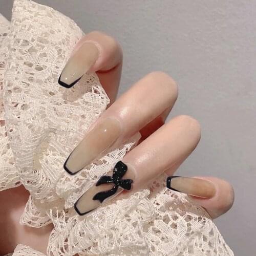 24Pcs/Set Black Fake Nails Long Coffin Removable Nail Sliders Simple 3D Bow Design ​Accessories Nails Supplies For Professionals