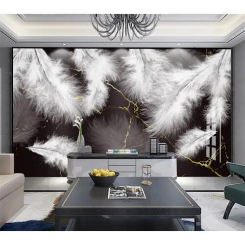Wellyu Custom wallpaper 3d modern light luxury creative feather black gold marble pattern living room background wallpaper