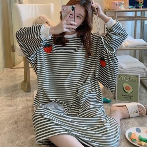 KISBINI Autumn Winter Womens Nightdress Thicken Cotton Female Striped Sleepwear Long Sleeve Loose Fashion Women Nightgowns