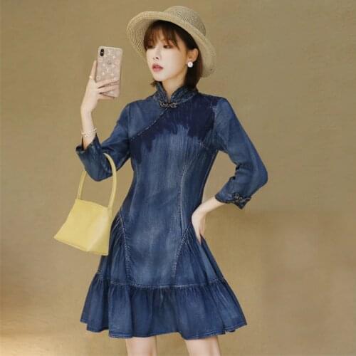 Autumn Women Denim Dress 2020 Vintage Women Dresses A-line Elegant Mandarin Collar Vintage cheongsam Vestidos Q2111 Vestido
