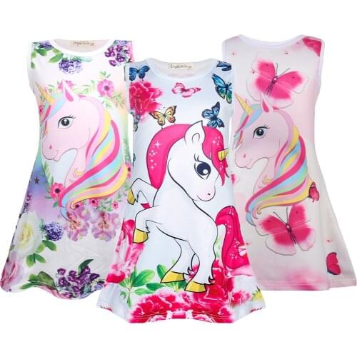 2-9 Years Unicorn Girls Dresses Cartoon Pattern Summer Kids Clothes Children Birthday Present Home Party Dress Clothes