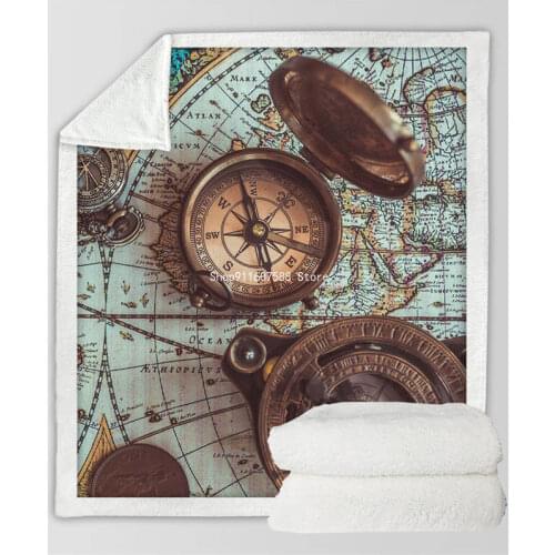 Compass Blankets For Beds World Map 3D Print Throw Blanket Retro Style Fluffy Blanket Navigation Bedspread manta
