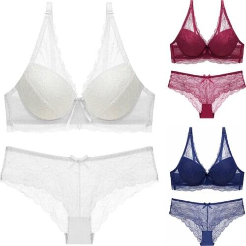 Luxury Sexy Lace Floral Push Up Lingerie Set Upper Thin Under Thick Breathable Sheer See Through Bra And Panty Set