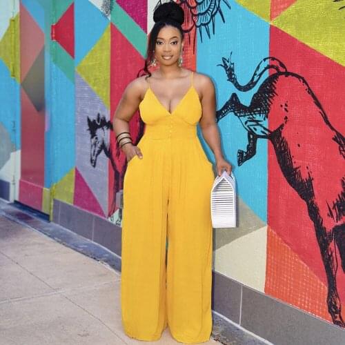 XL-5XL Plus Size Spaghetti Strap Long Jumpsuit Women Deep V Neck Sleeveless Wide Leg Romper Elegant Backless Oversize Outfits