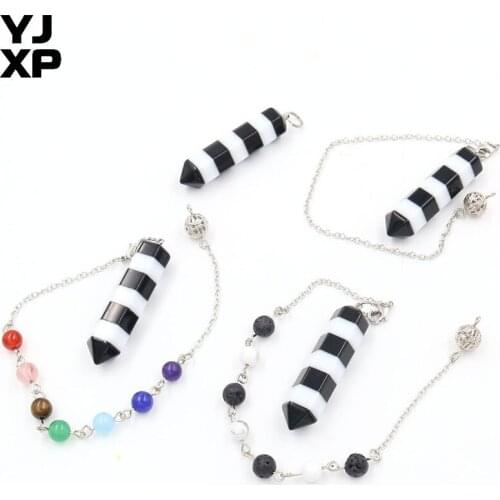 YJXP Hexagon Pillar Pendant Dowsing Pendulums Black White Zebra Stripes Pencil Point 7 Chakra Chain Reiki Healing Jewelry 1 Pc