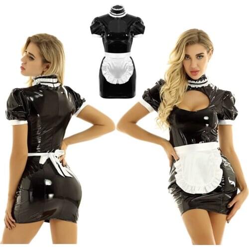 Womens Maid Cosplay Costume High Neck Breast Hollow Out Bodycon Mini Dress with Apron Wet Look Patent Leather Role Play Costume