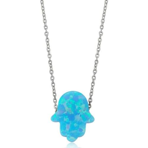 Silver Blue Opal Fatma Hand Lady Necklace