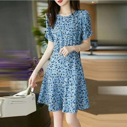 Retro French Blue Floral Waist Puff Sleeve Sweet Umbrella Pendulum Bellflower dress midi dress women clothing