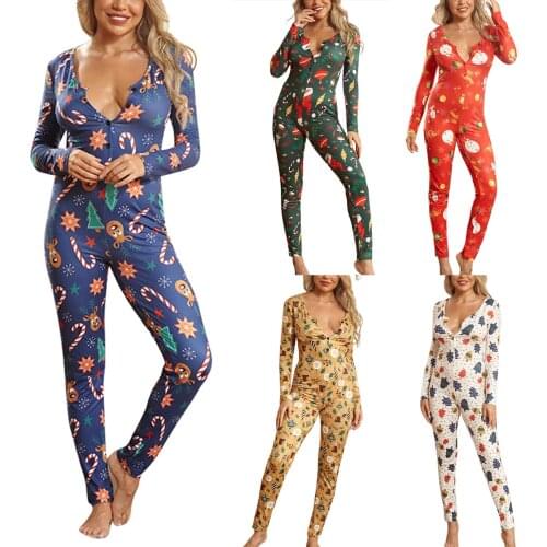 Winter New Xmas Pajamas V Neck Long Jumpsuit Sleepwear Romper Adults Women Christmas Tree Print One-Piece Kigurumi Pijamas PJS