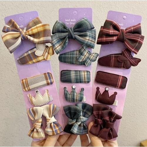 1Set=6pcs Korean Version Of The Bowknot Check Hairpin Head Rope Set Hair Accessories Female JK Uniform Hairpin Headwear