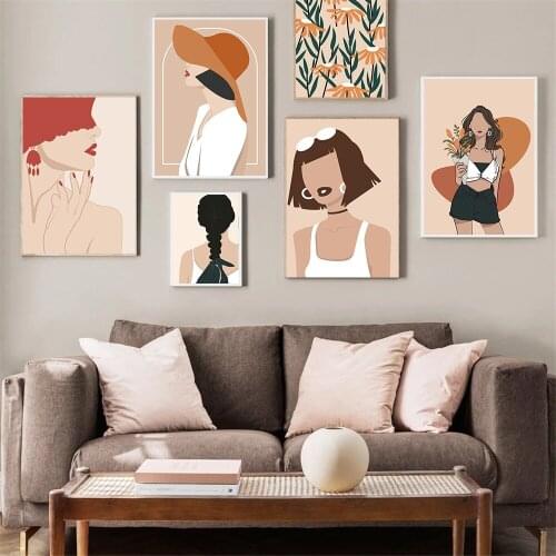 Abstract Fashion Vintage Girl Wall Art Canvas Painting Nordic Leaf Posters And Prints Wall Pictures For Living Room Home Decor