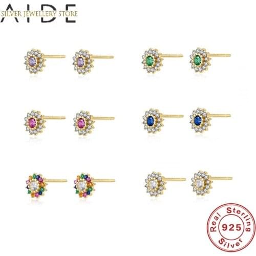 AIDE Luxurious Geometric Stud Earrings For Women Round Flower Zircon Piercing 925 Sterling Silver Earings Fine Jewelry kolczyki