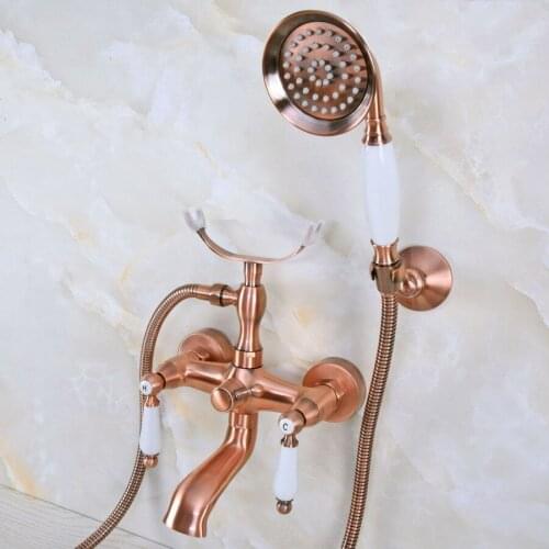 Antique Red Copper Brass Double Ceramic Handles Wall Mounted Bathroom Clawfoot Bathtub Tub Faucet Mixer Tap w/Hand Shower ana375