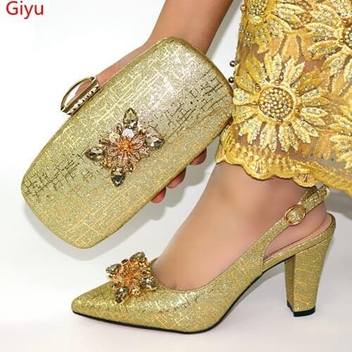 Doershow new come Matching Women Shoe and Bag Set Decorated gold Nigerian Shoes and Bag Set Italy Shoes and Bag set HYT1-27