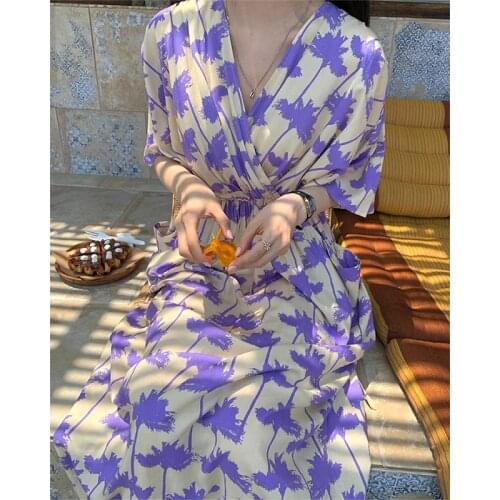 Purple Summer Womens Dress V-neck High Waist Korean Short Sleeve Long Dresses