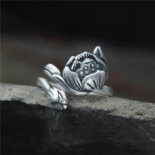 Ring, sterling silver, lotus flower lotus, S990, pure silver, folk style, Thai silver, personalized retro manual ring