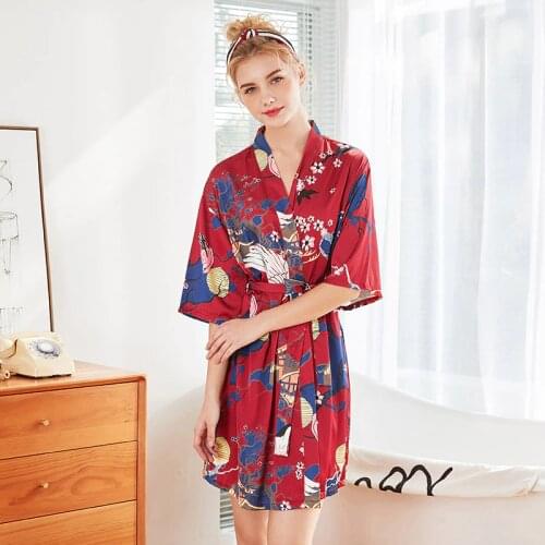 Summer Women Bathrobe Robes Silk Bride robe Sexy Print Flower Sleepwear Robe Female Nightwear Dressing Gown