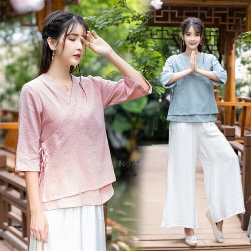 Summer Chinese Style Traditional Clothes Tang Suit Top Women Girls Yoga Linen Zen Kung Fu Shirt V-neck Chiffon Loose Leg Trouser