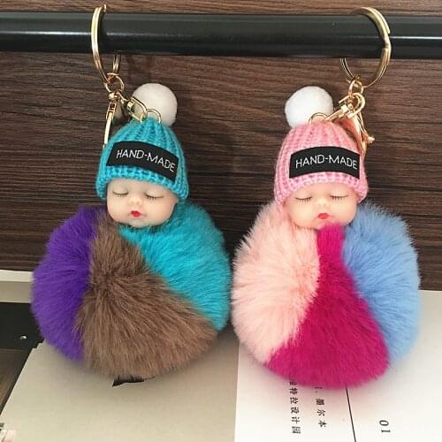 Cute Cartoon Tricolor Sleeping Doll Keychain Fur Ball Plush KeyChain Keyring Women Handbag Car Key Holder Bag Pendant Toys