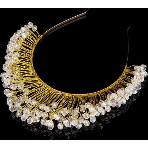 Trendy Gold Handmade Bridal Crystal Rhinestone Crown Wedding Headband Women Beads Hairband Tiara Girl Children Hair Accessories