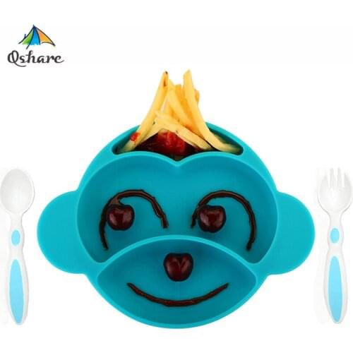 Qshare Baby Dishes Infant Plate Kids Silicone Bowl Monkey Styling Tableware Set Fruit Dishes Baby Dinnerware Placemat