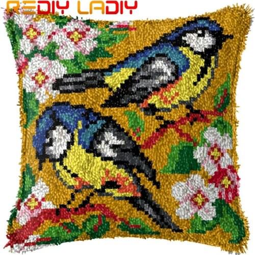 Latch Hook Cushion Birds & Flowers Pillow Case Printed Color Canvas Acrylic Yarn Latched Hook Pillow Crochet Cushion Cover Kits