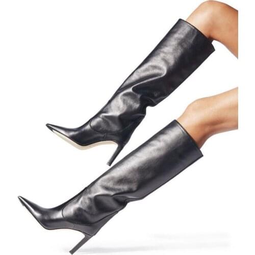 New Arrivals Black Leather Women Knee High Boots Pointed Toe High Heels Winter Long Boots Big Size Fashion Women Dress Shoes