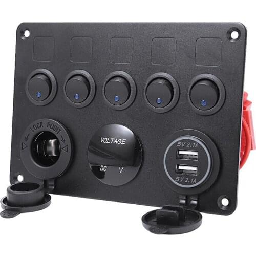 Waterproof 5 Gang Rocker Switch Panel with LED Light 12V-24V Toggle Dual USB Charger Digital Voltmeter Socket for Car Trunk Boat