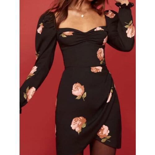 Spring Fashion Women Pleated Print Black Dress Square Collar Long Sleeve Ladies Slim Fit Party Dress Vestidos Women Dress